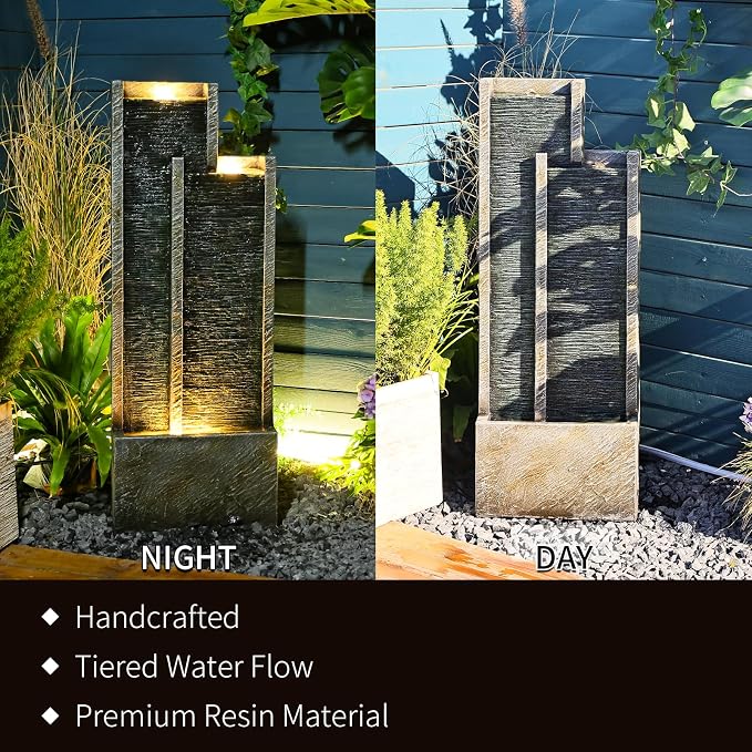 35” Modern Double Column Waterfall Fountain - Outdoor Water Fountain with LED Lights, Freestanding Waterfall Feature for Garden, Patio, Deck, Porch, and Home Decor, Rectangular Resin Design