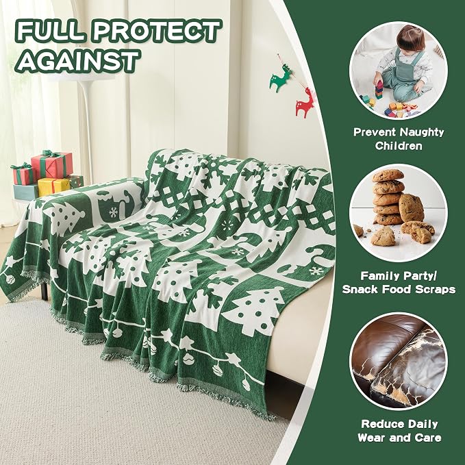 MEETSKY Christmas Couch Cover for Sectional Sofa, Chenille Loveseat Green Sofa Covers Washable for Pet Friendly Snowflake Christmas Tree Decorative Couch Covers, 71" x 102"