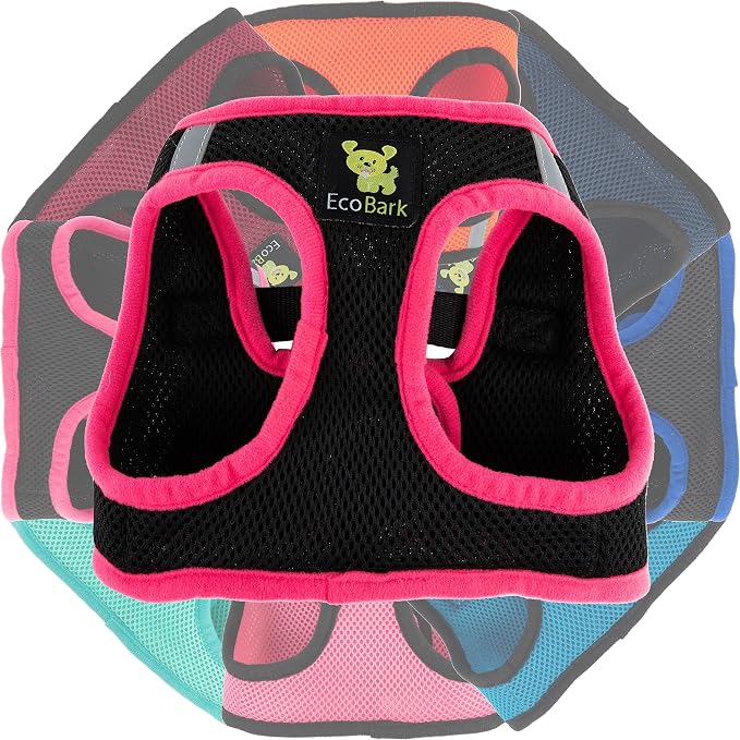 EcoBark Teacup Dog Harness - Luxury Step in Dog Harness in Black & Pink - Soft & Secure Body Halter Vest - Reflective Halter Vest