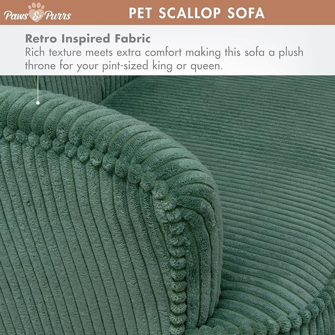 Paws & Purrs Retro Scalloped Back Sofa Style Pet Bed, Dog & Cat Couch with Tufted Cushion & Armrest, Stylish Indoor Pet Furniture, Sage