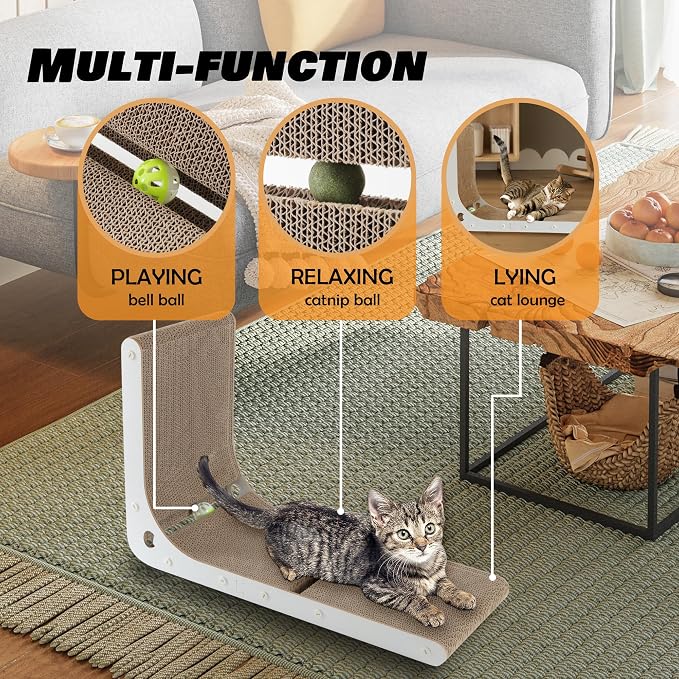 SMARTBEAN Cardboard Cat Scratcher, Vertical Cat Scratching Board, 23.6 Inch L-Shape Cat Scratch Pads with Built-in Catnip Toy Balls, Wall-Mount Cat Scratchers for Indoor Cats