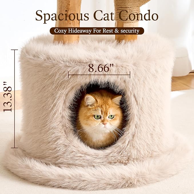 HITTITE Natural Wood Cat Tree Tower with Scratching Post, 56.8 Inches Tall Modern Cat Tower with Cozy Bed and Condo, Luxury Real Branch Cat Tree for Indoor Cats Large Adult, Khaki.