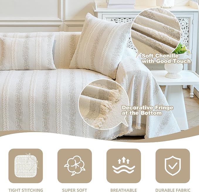 Couch Cover for Dogs Washable Sofa Cover, Sectional Couch Covers, Sofa Covers for 2 Cushion Couch, Non Slip Stripe Sofa Slipcovers Furniture Protector (Beige, 91 * 134)