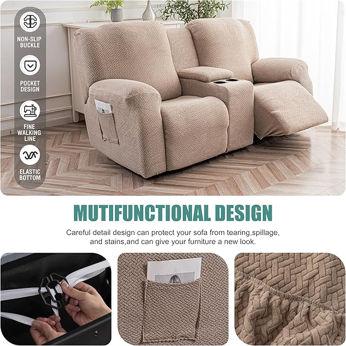 Genina Recliner Loveseat Covers with Console, Stretch Reclining Sofa Covers, 2 Seater Couch Cushion Stripe Jacquard Recliner Slipcovers - Furniture Protector Covers for Pet Kid (Taupe)