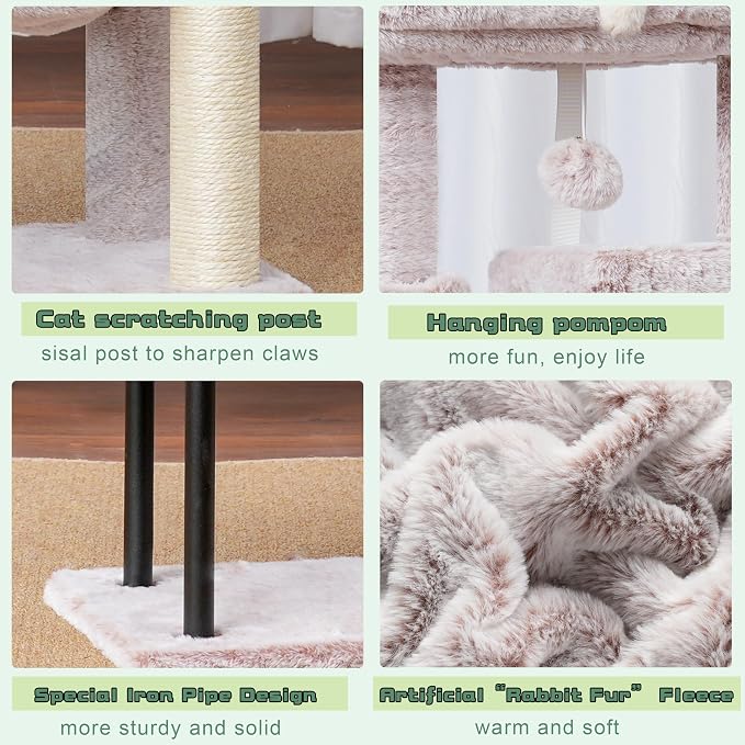 Gitelsnour Cat Tree, Cat Tower for Indoor Cats, 43.3 inch Cat Tree Tower with Sturdy Steel Tube, Cat Hammock, Cat Condo for Small Cats and Kittens, Cat Scratching Post, Muchroom GCT004SMU
