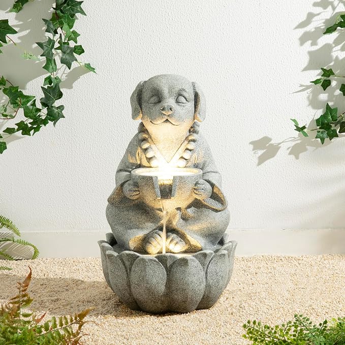Glitzhome Water Fountain Outdoor, Outdoor Fountain with Lights&Pump, 22" H 2-Tiered Concrete Dog Statue Zen-Style Water Fountain Polyresin Water Feature for Home Patio Garden Backyard Decor