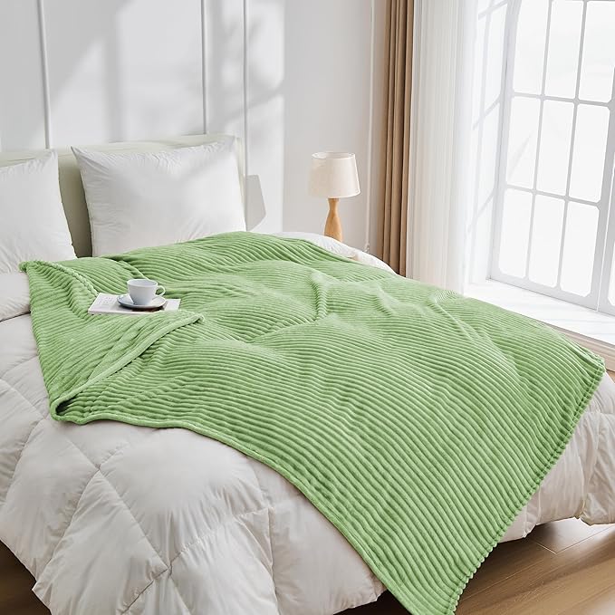 Bnuitland Light Green Flannel Throw Blanket, 300GSM Super Soft Fleece Stripe Pattern Sofa Blanket for Babys and Kids, Lightweight Cozy Bed Throw for Home Decor All Season