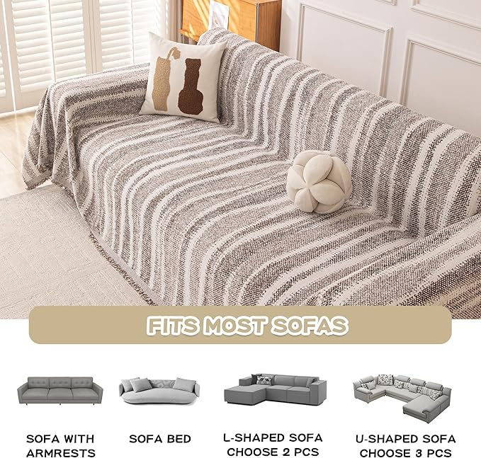 MEETSKY Boho Couch Cover Sofa Covers, Chenille Geometric Couch Covers for 2 Cushion Couch Sofa for Dogs, Washable Sofa Slipcover for Cat Couch Protector with Tassels,71" x 118", Coffee