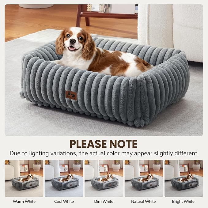 Washable Dog Bed Small Medium Size Dog, Rectangle Orthopedic Pet Bed for Car and Indoor,Fluffy Memory Foam Dog Beds with Anti-Slip Bottom,Grey(25x21x7inchs)