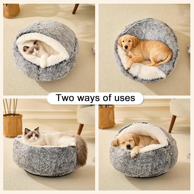 Calming Dog Beds & Cat Cave Bed with Hooded Cover,Removable Washable Round Beds for Small Medium Pets,Anti-Slip Faux Fur Fluffy Coved Bed for Improved Sleep,Fits up to 15/25 lbs(Grey,M)