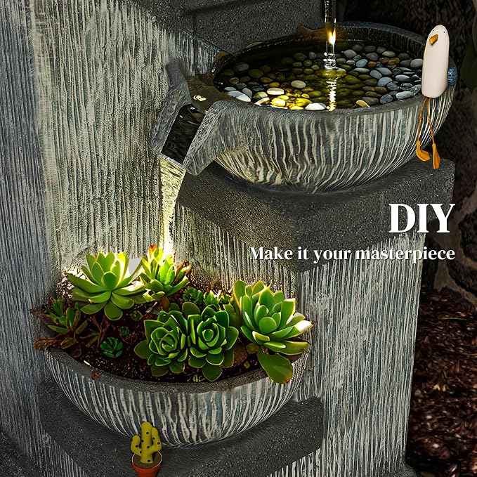 Outsunny 33.5" Tall Outdoor Water Fountain, 4-Tier Floor Standing Resin Cascading Bowls Waterfall Fountain with LED Lights, Pump for Garden, Patio, Backyard