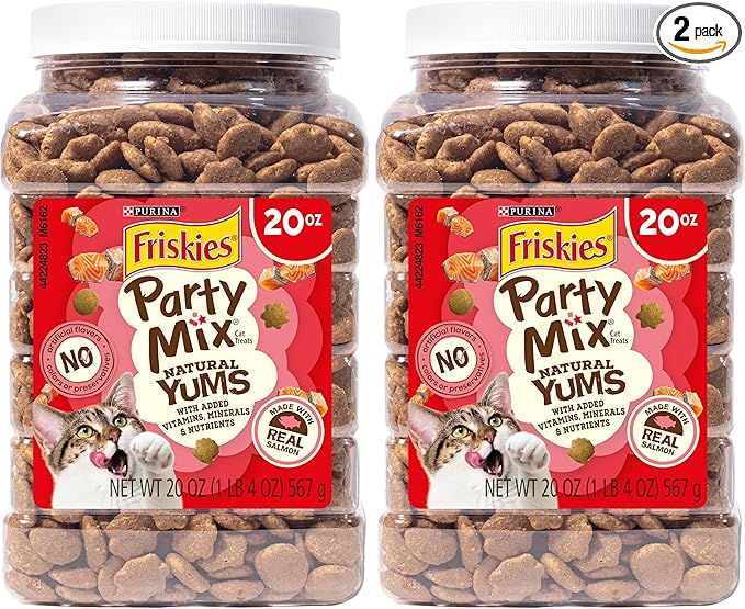 Friskies Purina Natural Cat Treats Party Mix Natural YUMS with Real Salmon and Added Vitamins, Minerals and Nutrients - 20 Oz. Canister (Pack of 2)