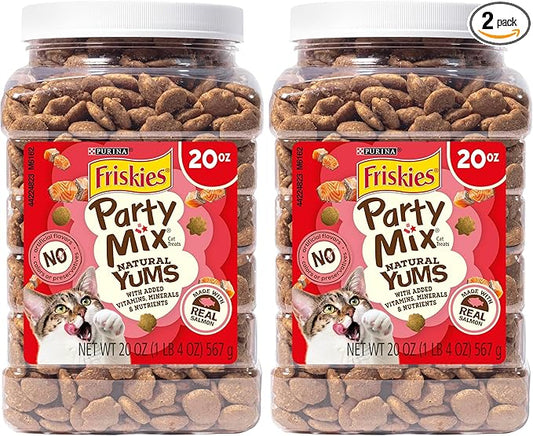 Friskies Purina Natural Cat Treats Party Mix Natural YUMS with Real Salmon and Added Vitamins, Minerals and Nutrients - 20 Oz. Canister (Pack of 2)