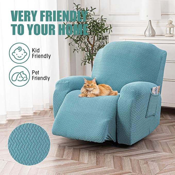 Genina Recliner Chair Cover, Stretch Reclining Chair Covers, Recliner Sofa Slipcovers Stripe Jacquard Lazy Couch Covers Furniture Protector Covers for Pet Kid (Light Blue, 1 Seat)