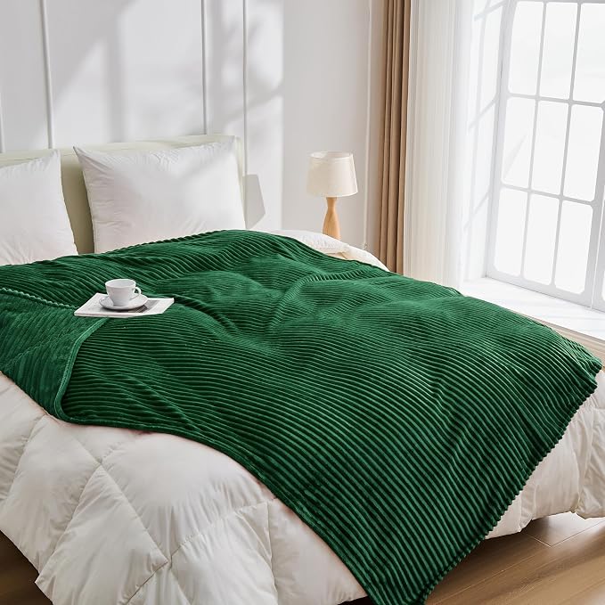 Bnuitland Fleece Throw Blanket, 300GSM Soft Warm Cozy Fluffy Throw for Babys & Pets, Stripe Pattern, All Season Sofa Bed Blanket for Home Decor, Dark Green 50"x60"