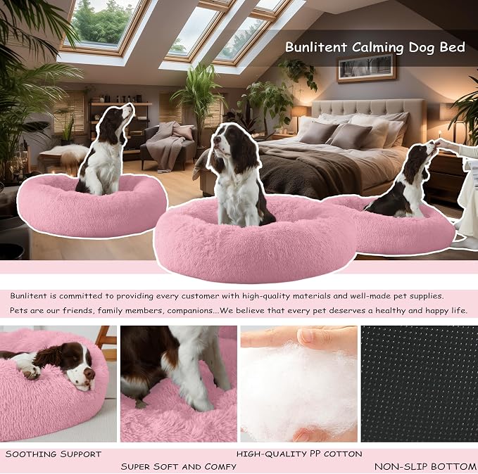 Bunlitent 30'' inch Calming Dog Bed, Anti-Anxiety Donut Small Medium Dog Bed, Warming Cozy Soft Cute Round Washable, Marshmallow Cuddler Nest Puppy Dogs and Cats Bed, Pink