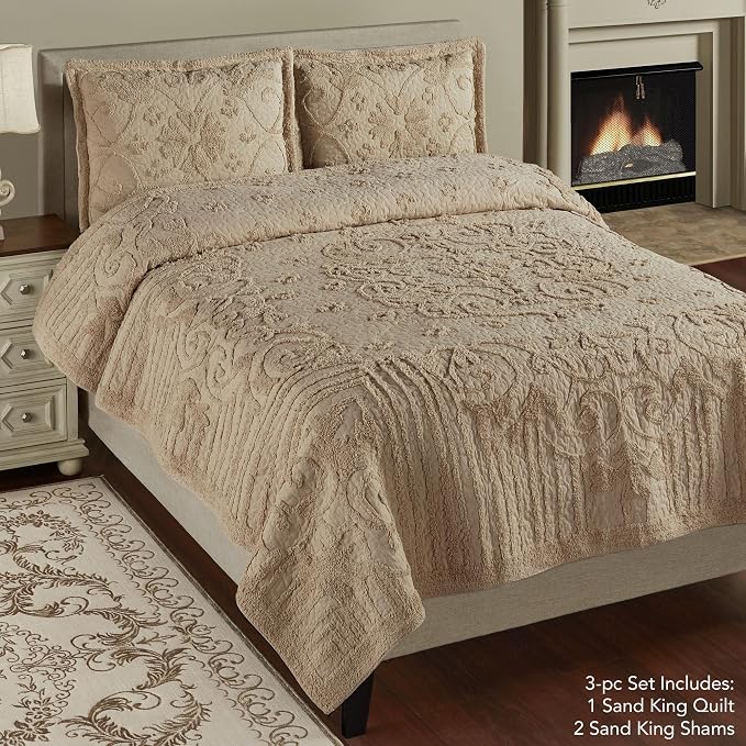 Lorenza Pure Cotton Chenille Bedding | Neutral Tone Sand | Soft Tufted Scrollwork, Floral and Stripe Designs | Solid Color 3-Piece Quilted Bed Set includes Oversized King Quilt and 2 King Pillow Shams