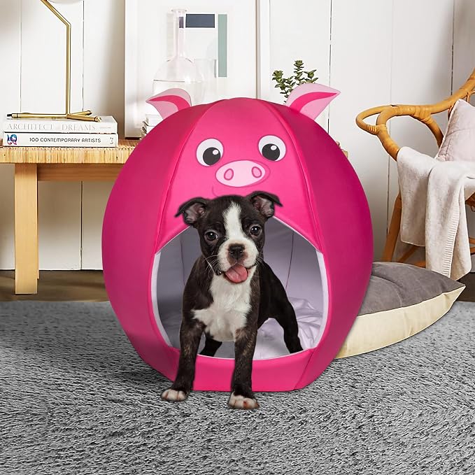 Maccabi Art Pig Theme Dog Bed - Cute Igloo Style Pet Bet - Fits Small Dogs, Puppies, Cats - Pillow Insert with Plush Lined Interrior, Non-Slip Igloo Design - 16 x 16 x 18