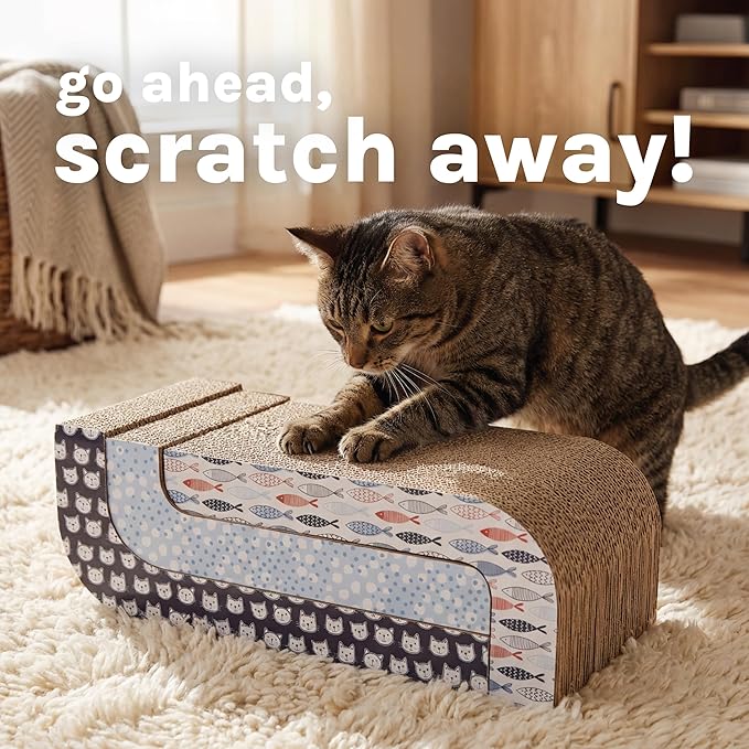 Kitty City 3‑Pack Corrgate Cat Scratcher Pads with Catnip - Horizontal Nail Filing Scratch Mat, Durable Couch Lounger Bed Alternative, Cat Scratch Toy - Cute Fish & Cats Design, Large 18.5” x 9.5”