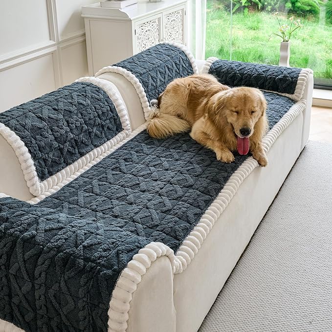 Fuzzy Couch Covers for Dogs, Non Slip Thick Dog Couch Cover Protector, Plush Pet Couch Covers for Sofa Washable, Soft Sofa Cushion Slipcovers Pet Friendly(1PC, Dark Grey, 27.6”x59.1”)