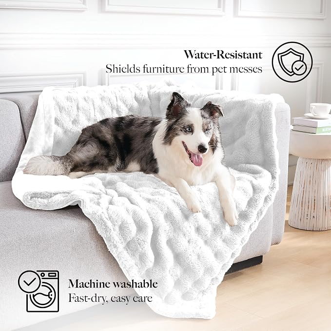 Modern Threads Water-Resistant Faux Rabbit Fur Pet Blanket for Dogs & Cats – Ultra-Soft Couch, Bed & Crate Protector, 50x60 White