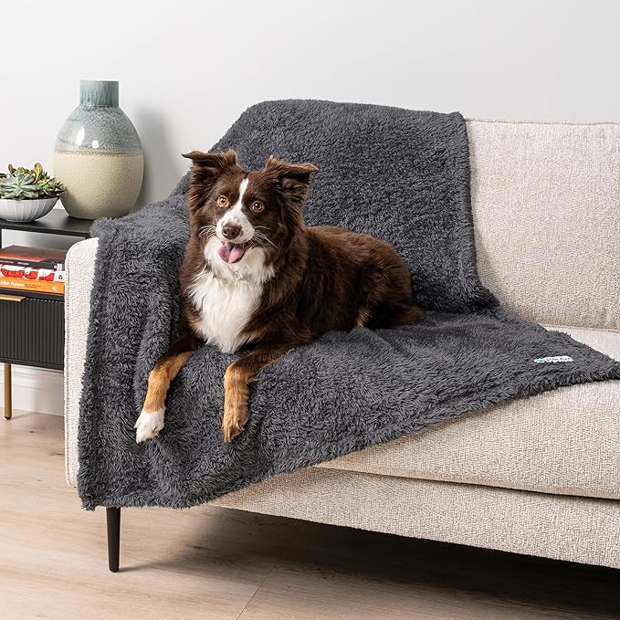 PetAmi Fluffy Waterproof Dog Blanket for Couch and Bed, Reversible Sherpa Pet Throw, Pee Proof Furniture Protector Sofa Cover, Washable Cat Blanket for Small Medium Dogs and Cats (Grey, 24x32)
