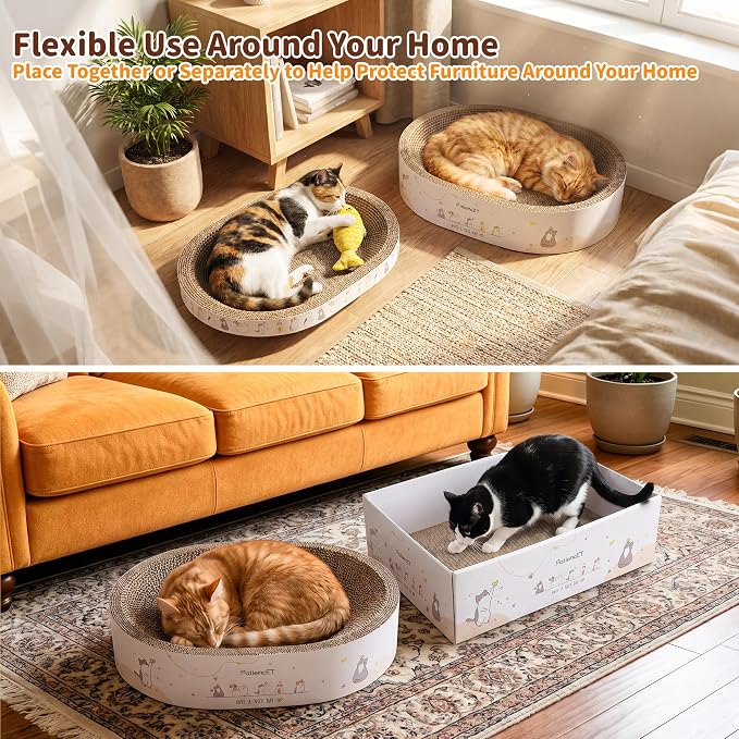 PatiencET 3-in-1 Cat Scratcher Cardboard Set for Indoor Cats, Cat Lounge Box with Wide & Slim Oval Cat Beds, Corrugated Cat Scratching Board for Furniture Protection, Rest & Play