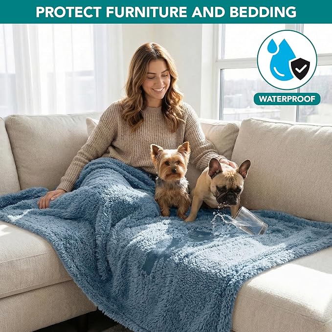 PetAmi Fluffy Waterproof Dog Blanket for Couch and Bed, Reversible Sherpa Pet Throw, Pee Proof Furniture Protector Sofa Cover, Washable Cat Blanket for Small Medium Dogs and Cats (Dusty Blue, 29x40)