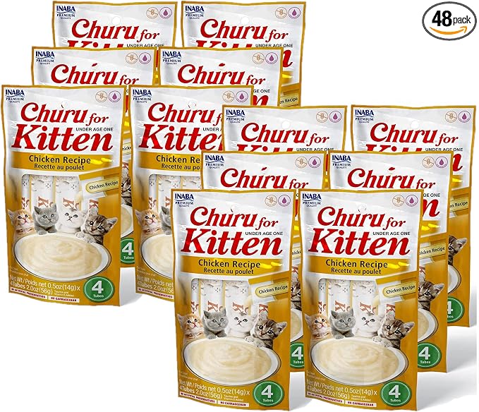 INABA Churu for Kittens, Grain-Free Creamy, Purée Lickable Cat Treats with DHA, EPA, Vitamin E & Taurine, 0.5 Ounces Each, 48 Tubes (4 per Pack), Chicken Recipe