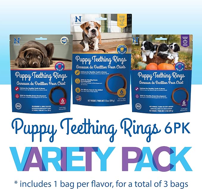 N-Bone Puppy Teething Rings 6 Count Bag Variety Pack, Chicken & Pumpkin & Blueberry BBQ Flavor, Total 3 Bags, 21.6-oz, 18 Rings