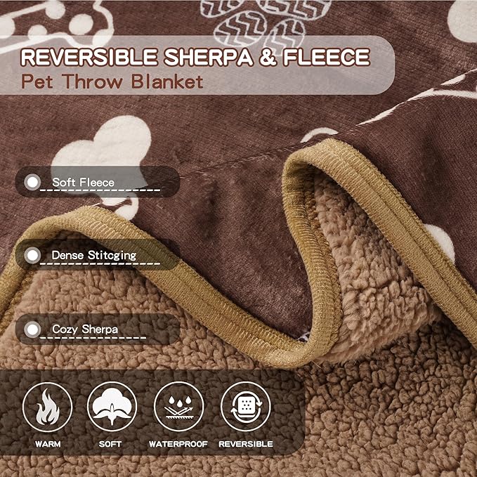 Waterproof Dog Blankets Pet Blanket 60"x80", Soft Fluffy Sofa Car Bed Protector, Reversible Sherpa Fleece Dog Blanket for Large Dogs(Chocolate Brown-Bones)