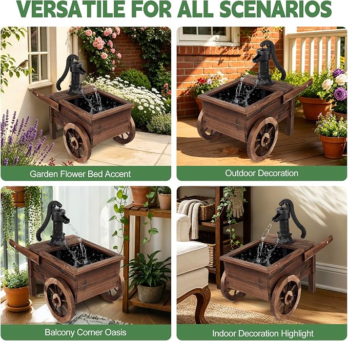 OIPRTGFJ Outdoor Water Fountain,Cute Floor Wooden Wagon Pump Old-Fashioned Fountain with Flower Box,Electric Decorative Hand Pump, Outdoor Water Feature for Garden Patio Backyard(Electric Wagon Pump)