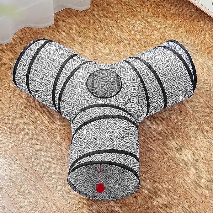 Tempcore Cat Tunnel for Indoor Cats, 3 Way Collapsible Pet Play Tunnel with Teaser Wand, Peek Holes & Hanging Ball, Interactive Tube for Kittens & Rabbits, Grey Coin