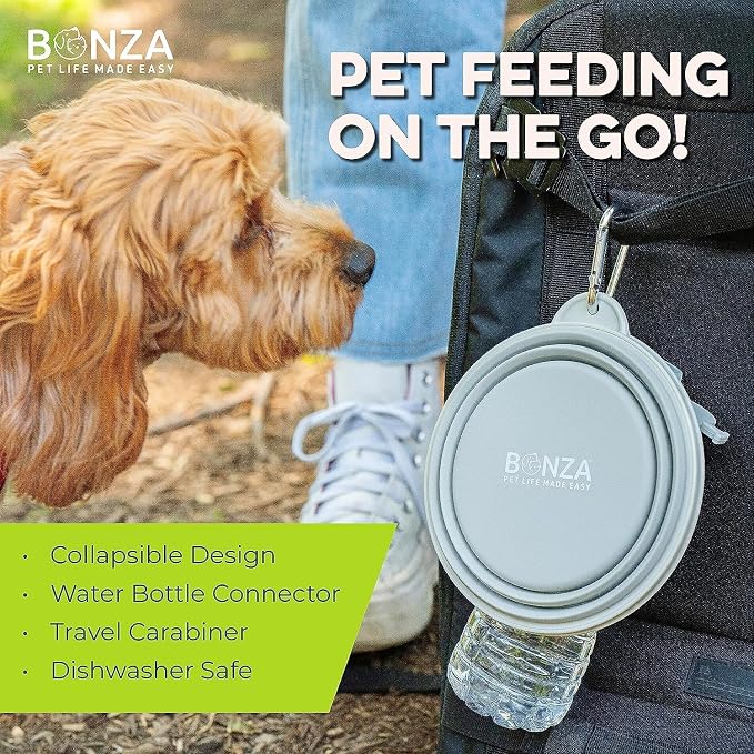 Bonza Collapsible Dog Bowls - Medium 25 oz, Dog Travel Accessories, Silicone Portable Dogs Bowl & Water Dish with Reinforced Rim & Carabiner for Hiking, Camping, and Car Trips, Black
