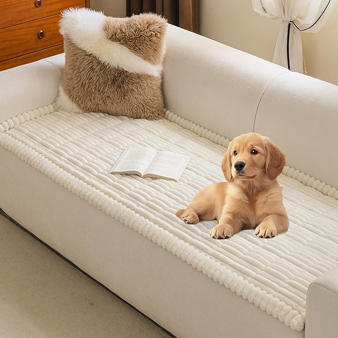 MYSKY HOME Couch Covers for Sofa, L Shaped Couch Cover, Couch Cover for Dogs, Sofa Covers for Pets Washable, Non Slip Sofa Slipcovers, Leather Sofa Cover Loveseat Couch Covers, Cream, 27.6" x 59"