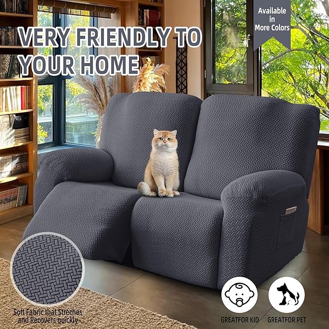 Genina Recliner Loveseat Covers, Stretch Reclining Sofa Covers, 2 Seater Couch Cushion Stripe Jacquard Recliner Slipcovers - Furniture Protector Covers for Pet Kid (Dark Gray)