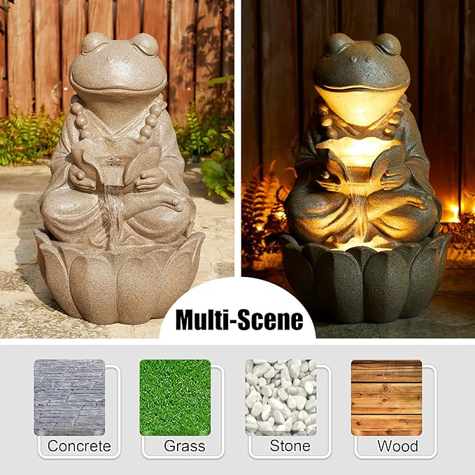 Glitzhome Outdoor Fountains and Waterfalls Zen-Style Frog Water Fountains with LED & Pump, Patio Water Fountain Yard Fountain 2 Tier Floor Waterfall for Backyard Lawn Garden Porch 22" H, Sand Beige