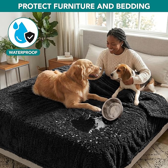 PetAmi Fluffy Waterproof Dog Blanket for Couch and Bed, Reversible Sherpa Pet Throw, Pee Proof Furniture Protector Sofa Cover, Washable Cat Blanket for Medium Large Dogs and Cats (Black, 60x80)