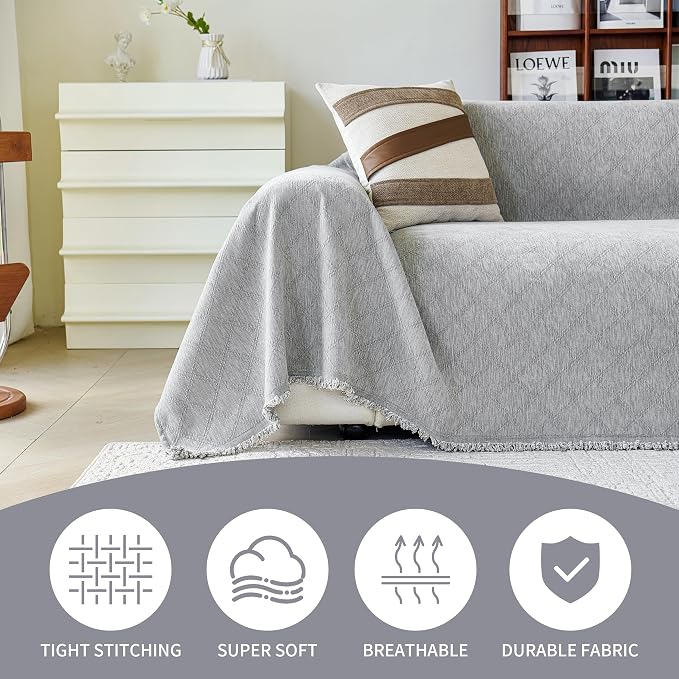 VANJOROY Grey Couch Chair Cover, Armchair for 1 Cushion Couch, Washable Chenille Sofa Cover Protector Soft Sofa Slipcovers for Pets Dog with Tassel,71"x 91"