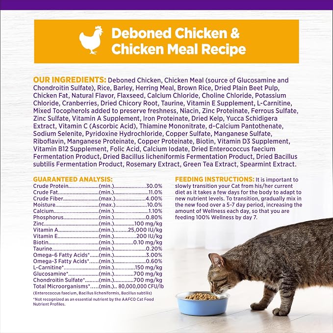 Wellness Complete Health Adult Dry Cat Food for Indoor Cats, Natural, Wholesome Grains Kibble, Chicken Recipe, 5 lb Bag