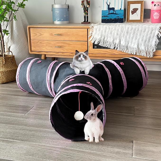 3-Way Collapsible Cat Tunnel Tube Toy Black with Pink Paws — Interactive Play Tunnel with Hanging Ball & Peek Hole for Indoor Cats, Kittens, Puppies & Rabbits | Hours of Fun & Exercise