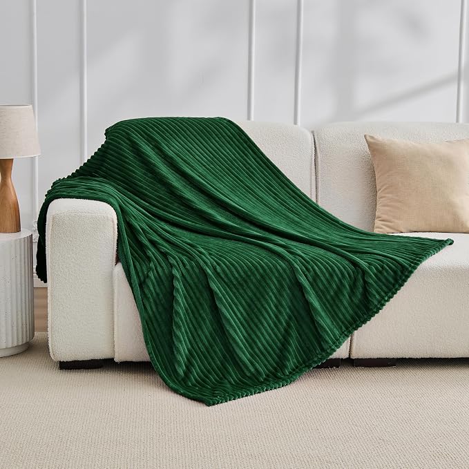 Bnuitland Fleece Throw Blanket, 300GSM Soft Warm Cozy Fluffy Throw for Babys & Pets, Stripe Pattern, All Season Sofa Bed Blanket for Home Decor, Dark Green 50"x60"