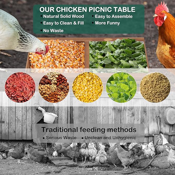 Boulphia Chicken Feeders and Waterers, Chicken Feeder No Waste Kit with Picnic Table and 2 Water Feeder, Handmade Wooden Chicken Supplies & Accessories for Chicken Coop