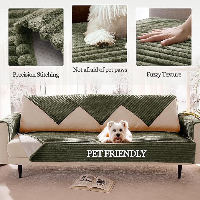 Dual Non-Slip Couch Cover for Dogs Waterproof, Fuzzy Soft Pet Couch Covers for Sofa 3 Cushion, Pet Friendly Soft Dog Bed Covers Sofa Cover Washable (Sage Green, 33" x 85" 1 Pack)