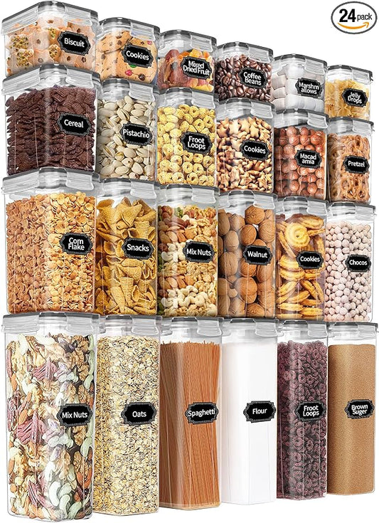 PRAKI Airtight Food Storage Containers Set with Lids - 24 PCS, BPA Free Kitchen and Pantry Organization, Plastic Leak-proof Canisters for Cereal Flour & Sugar - Labels & Marker(Grey)