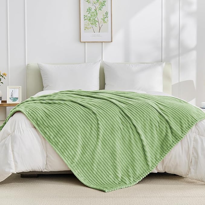 Bnuitland Fleece Throw Blanket, 300GSM Soft Warm Cozy Fluffy Throw for Babys & Pets, Stripe Pattern, All Season Sofa Bed Blanket for Home Decor, Light Green 50"x40"