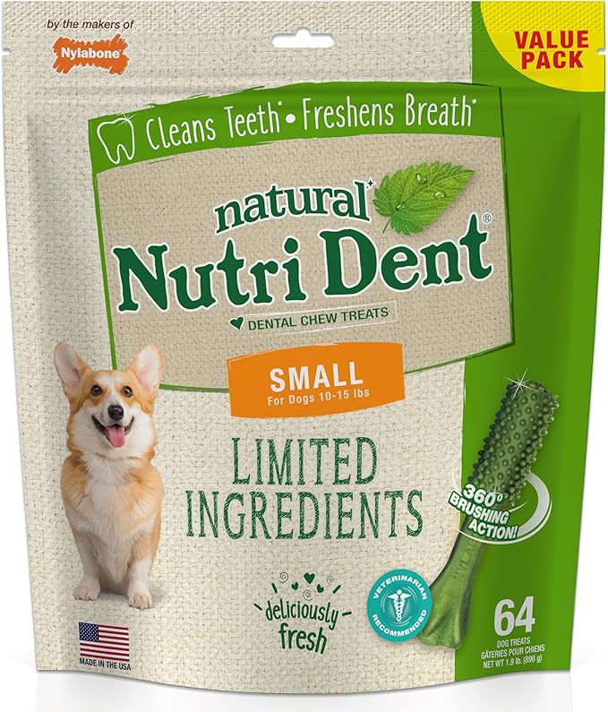 Nylabone Nutri Dent Dog Dental Chews - Natural Dog Teeth Cleaning & Breath Freshener - Dental Treats for Dogs - Fresh Breath Flavor, Small (64 Count)