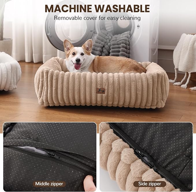 Dog Bed Medium Size Dog, Rectangle Orthopedic Pet Bed for Car and Indoor, Comfort Fluffy Memory Foam Dog Beds with Anti-Slip Bottom, Camel(30x24x8inchs)