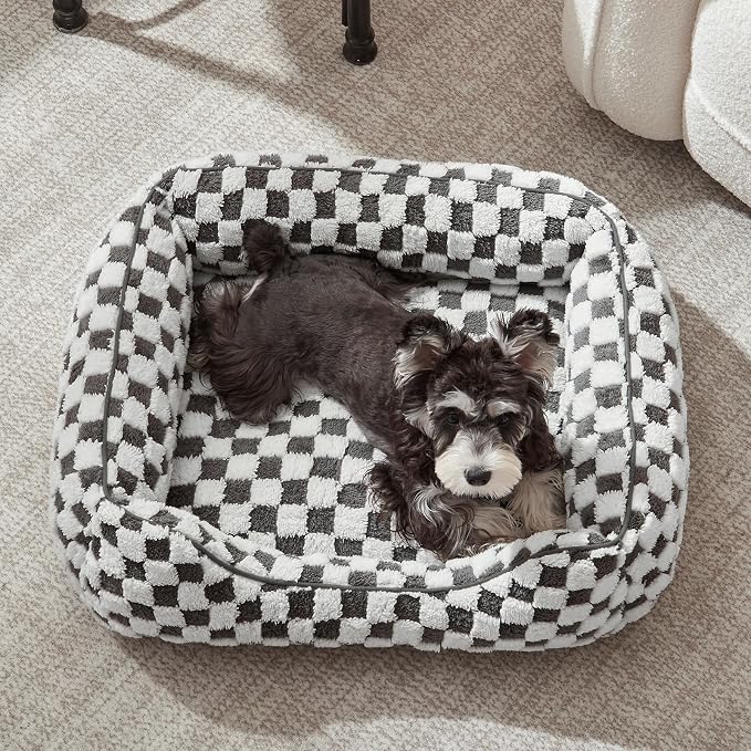 JOEJOY Dog Bed for Large Medium Small Dogs - Rectangle Orthopedic Dog Sofa Bed, Cute Modern Puppy Bed with Jacquard Shaggy Plush & Anti Slip Bottom, 35x25x10inches, Grey