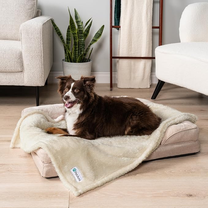 PetAmi Fluffy Waterproof Dog Blanket for Couch and Bed, Reversible Sherpa Pet Throw, Pee Proof Furniture Protector Sofa Cover, Washable Cat Blanket for Small Medium Dogs and Cats (Beige Cream, 29x40)